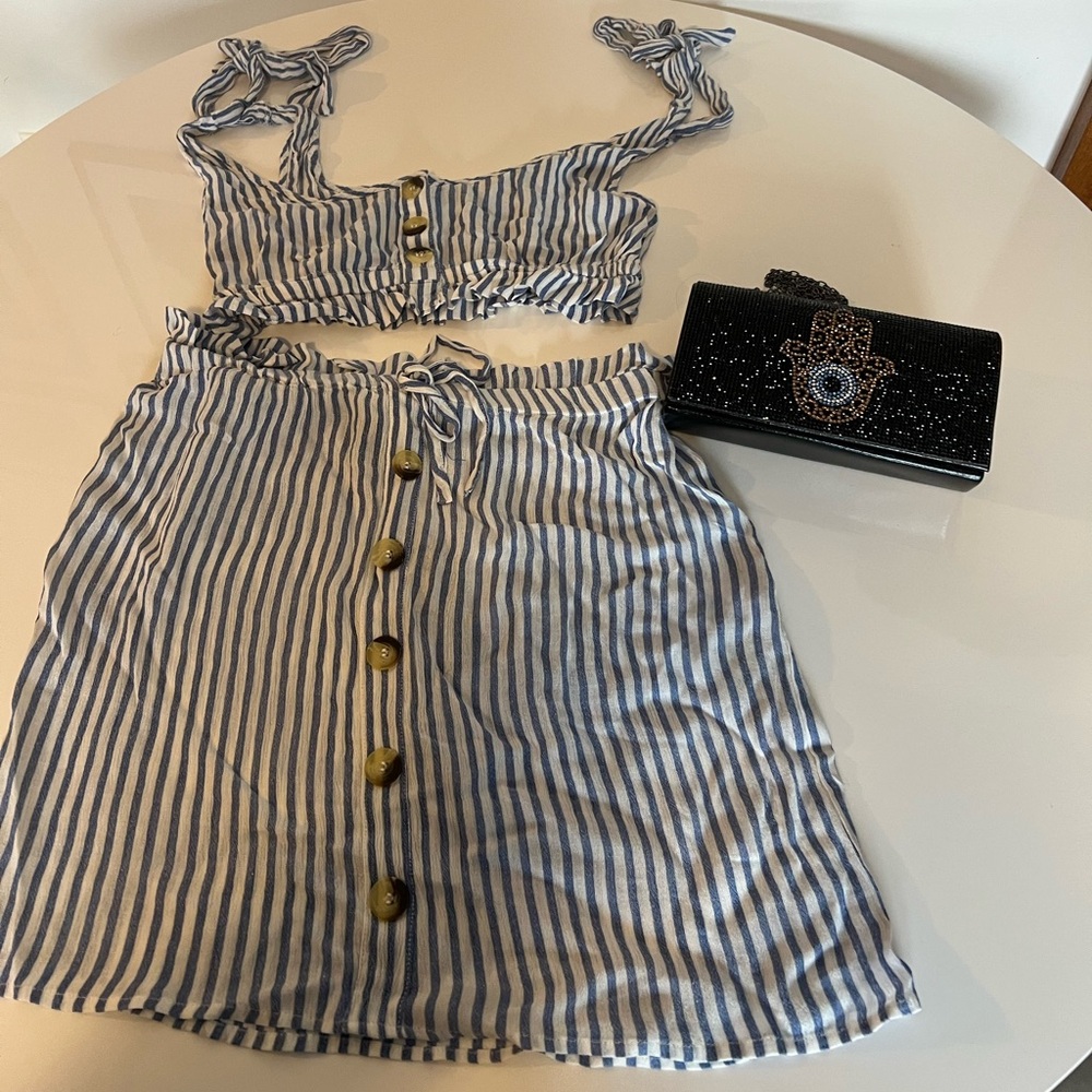 Wednesdays Girl  Blue &White Two-Piece Set. Top and skirt, Plus evening clutch